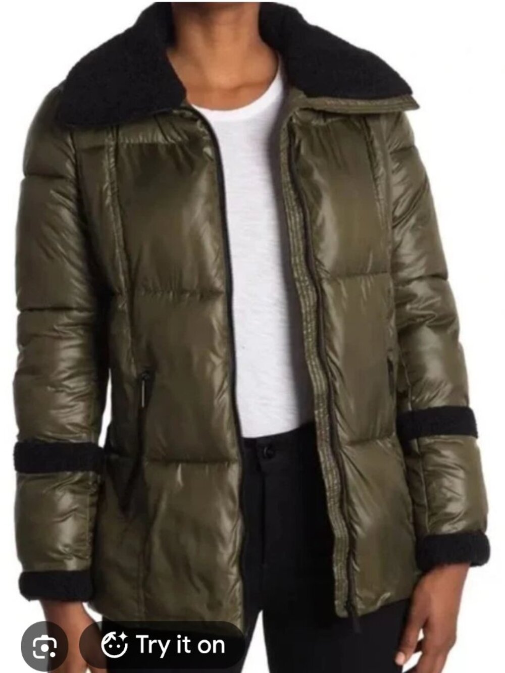 French Connection Women's M Short Puffer Coat Olive Water Repellent Berber Trim